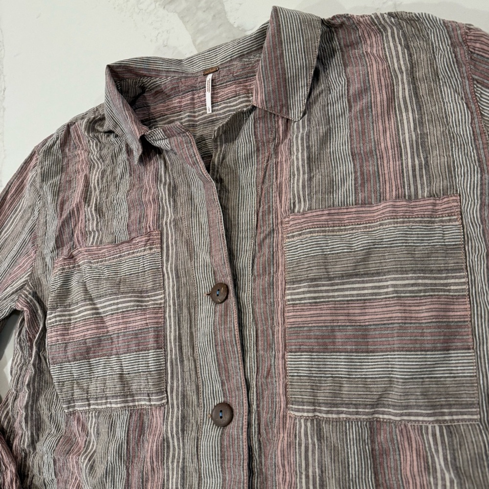 Free People High Tide Pink Sands Striped Button Down Shirt Womens Large Bohemian - Picture 7 of 10